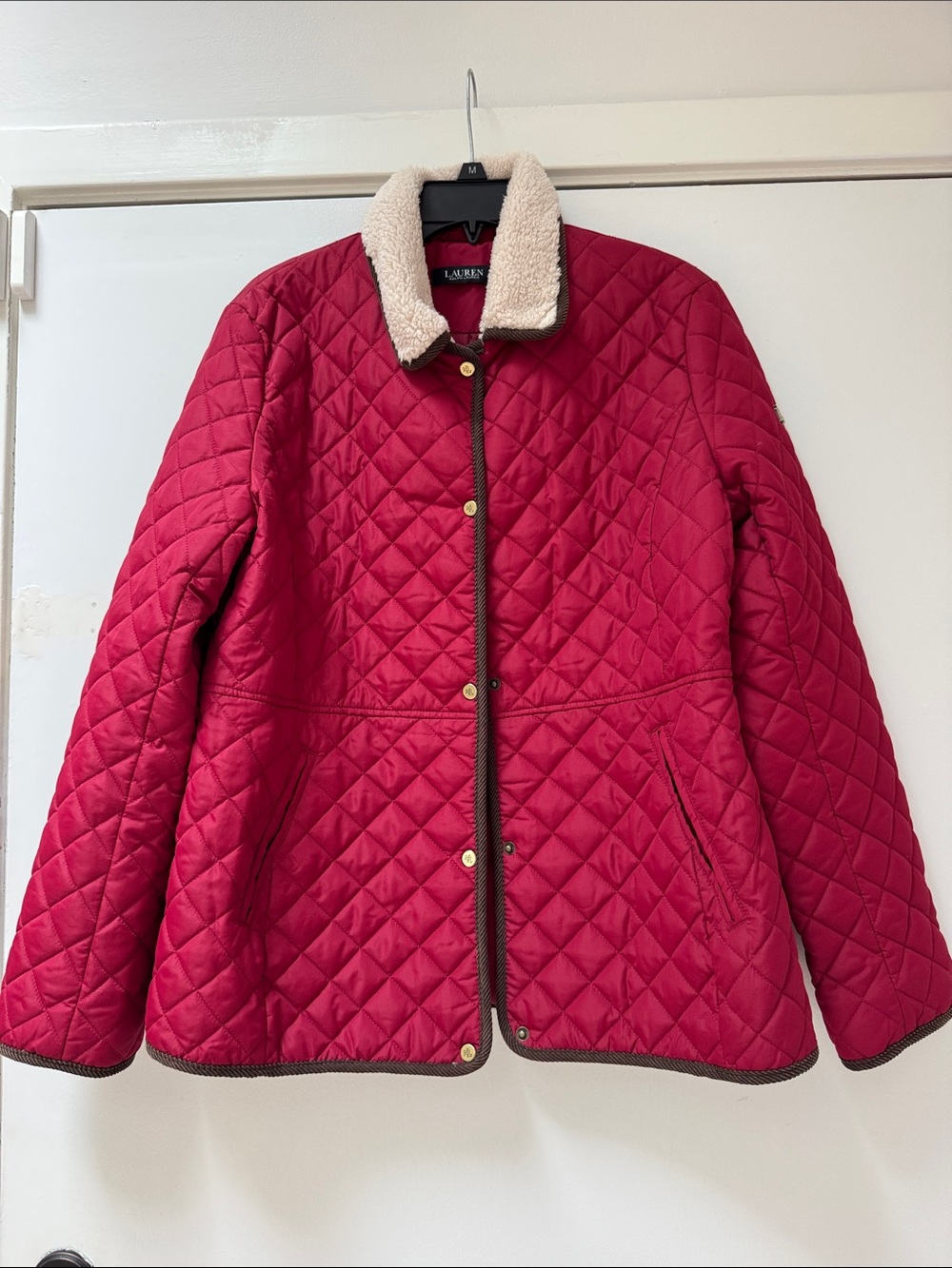 Lauren Ralph Lauren Burgundy Quilted Puffer Coat with faux trim
